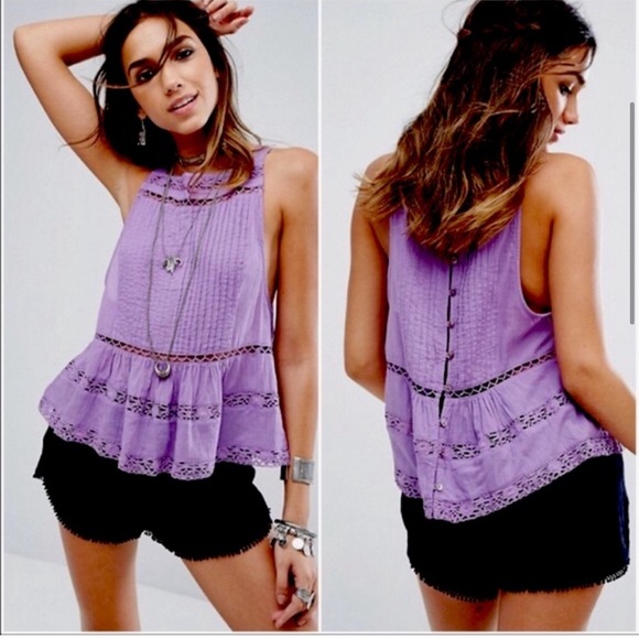 Free People Tops - Free People Constant Crush Tank Purple Crochet Lace Inset Cotton Size Small